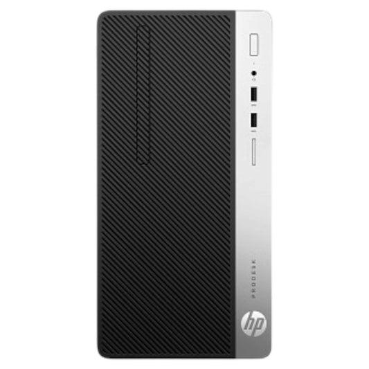 Technologiaaa HP ProDesk 400 G4 desktop computer in a sleek black and silver small form factor tower design.